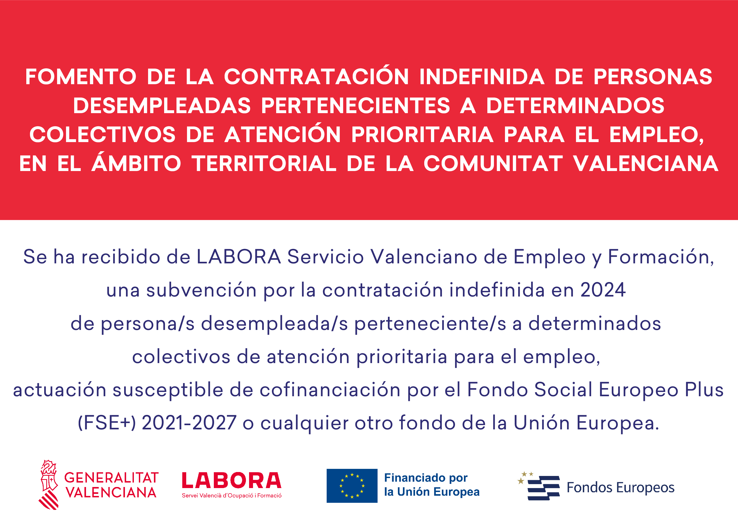 Cartel oficial ECOVUL 2024: subvención de LABORA para el fomento de la contratación indefinida, susceptible de cofinanciación por el Fondo Social Europeo Plus